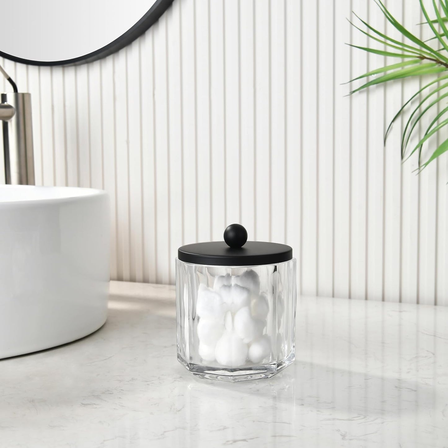 Home Glass Cotton Jar Holder Matte Black Lid, Elegant Bathroom Storage Canister for Qtips, Cotton Balls, Floss, Makeup Organizer, Vanity Bathroom Organization