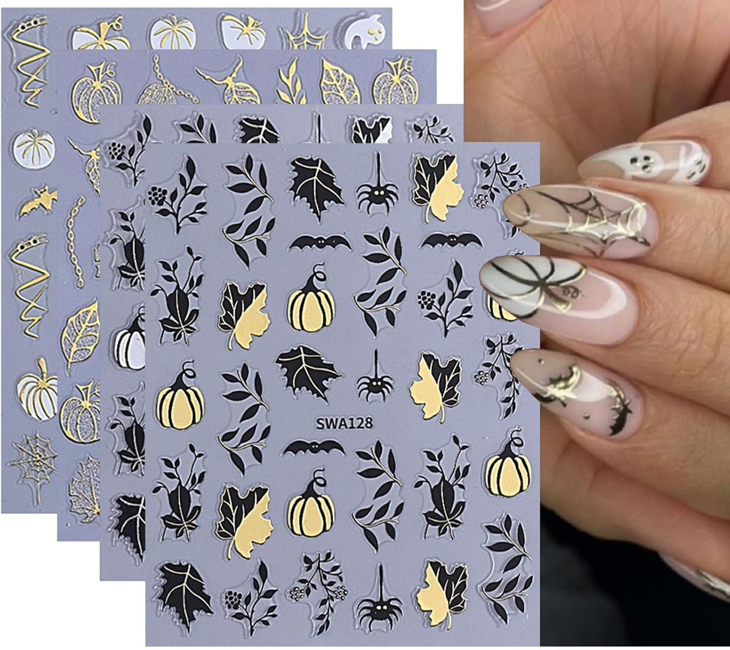 4 Sheets Halloween Nail Stickers Gold Silver Black Nail Art Stickers Pumpkin Maple Leaves Self Adhesive Nail Decals Spider Web Bat Ghost Leaves Design Nail Art Sticker Decoration for Women Girls