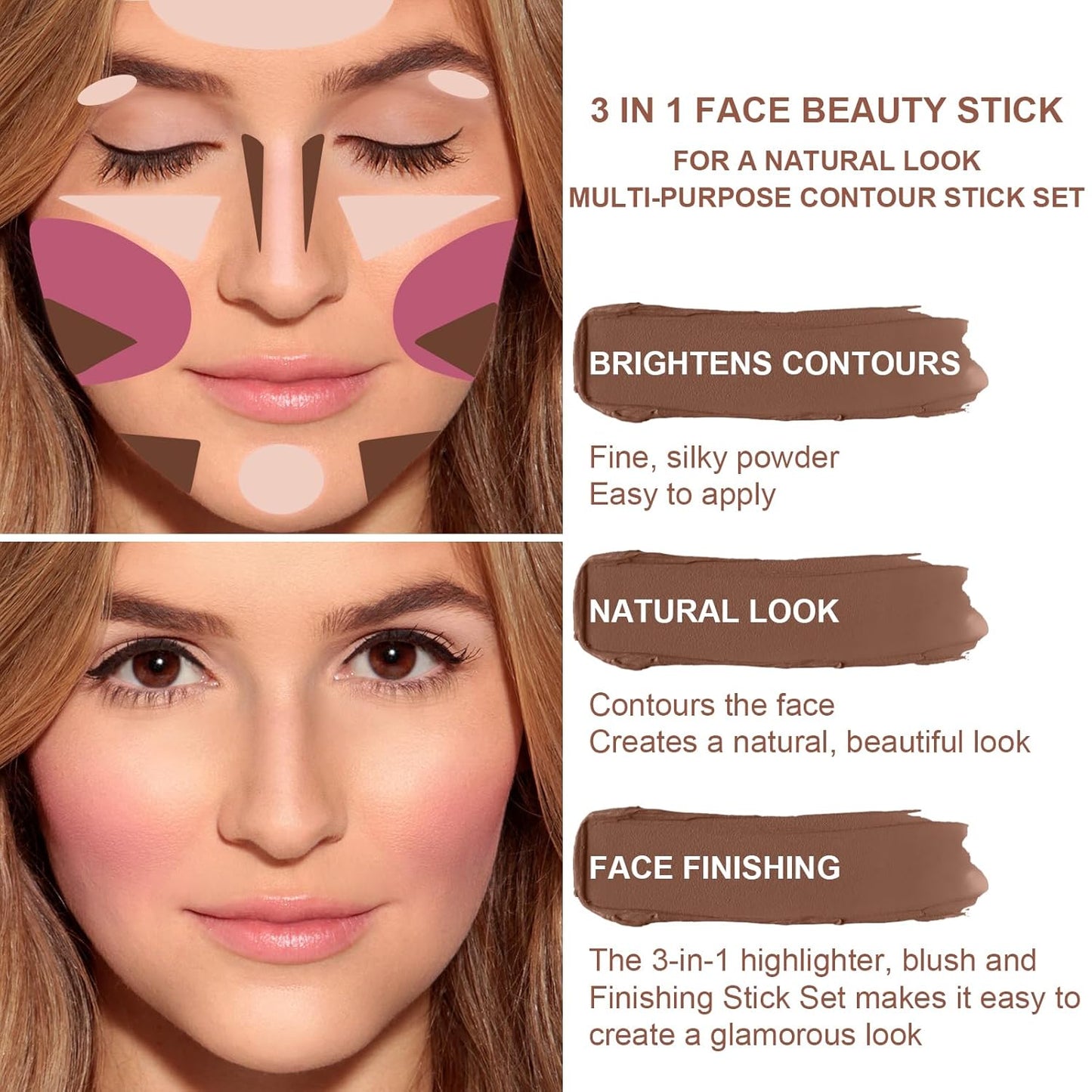 3 Colors Cream Contour Stick, Shades with Highlighter Stick,Blush Stick and Bronzer Contour Stick for Sculpt the Cheeks,Long Lasting,Waterproof,Matte & Dewy Finish for Women (LIGHT MEDIUM(2+5+6))