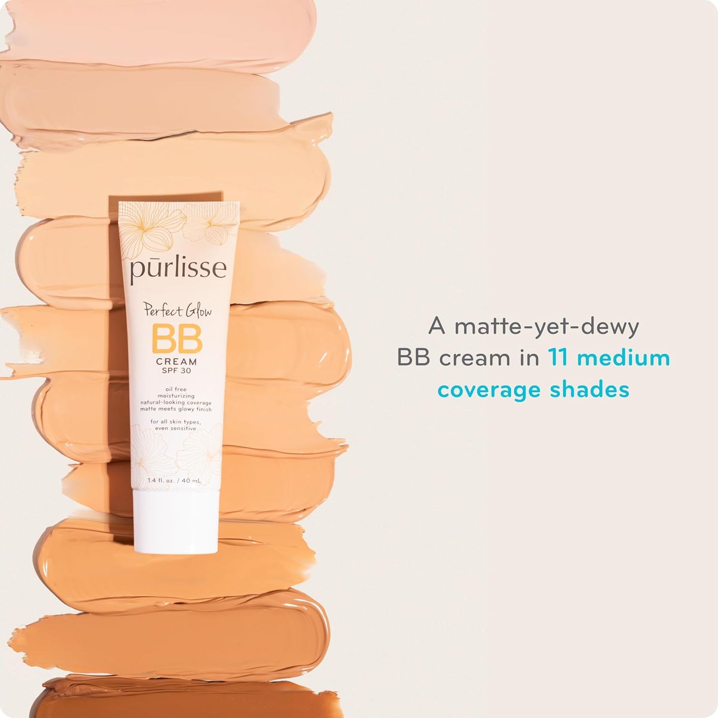 pūrlisse Perfect Glow BB Cream with SPF 30 - Matte Meets Dewy Finish - Enriched with Goji & Hawthorn Berry to Help Improve Skin Texture & Radiance - Medium Warm (1.4 oz)