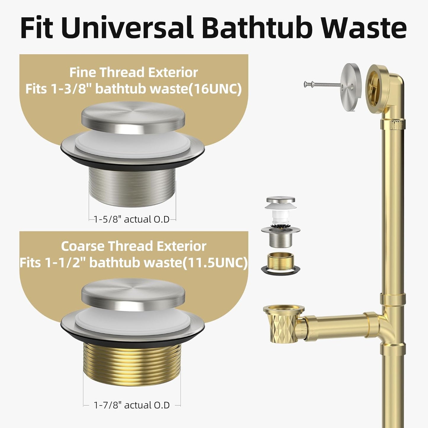 Brushed Nickel Tub Drain Kit with Hair Catcher, Premium Brass Tip-Toe Bathroom Tub Drain Replacement and 2-Hole Overflow Faceplate, 11.5/16 UNC Bathtub Drain Stopper Assembly
