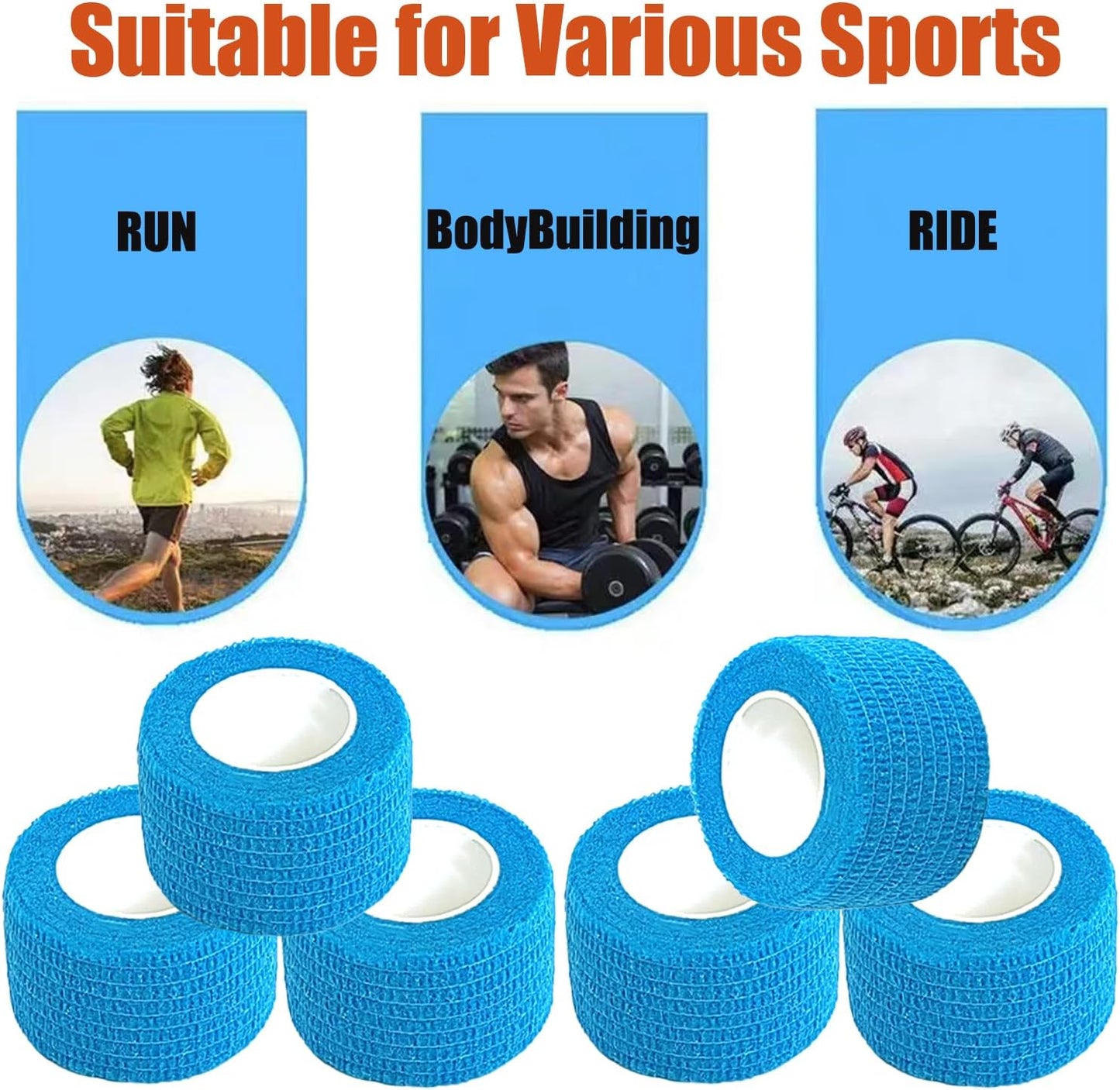 Hysiwen 6 Pack 1" x 5 Yards Self Adhesive Bandage Breathable Cohesive Wrap Self Adherent Vet Tape Self Stick Bandage Wrap for Sports, Athletic, Wrist, Ankle(Blue)