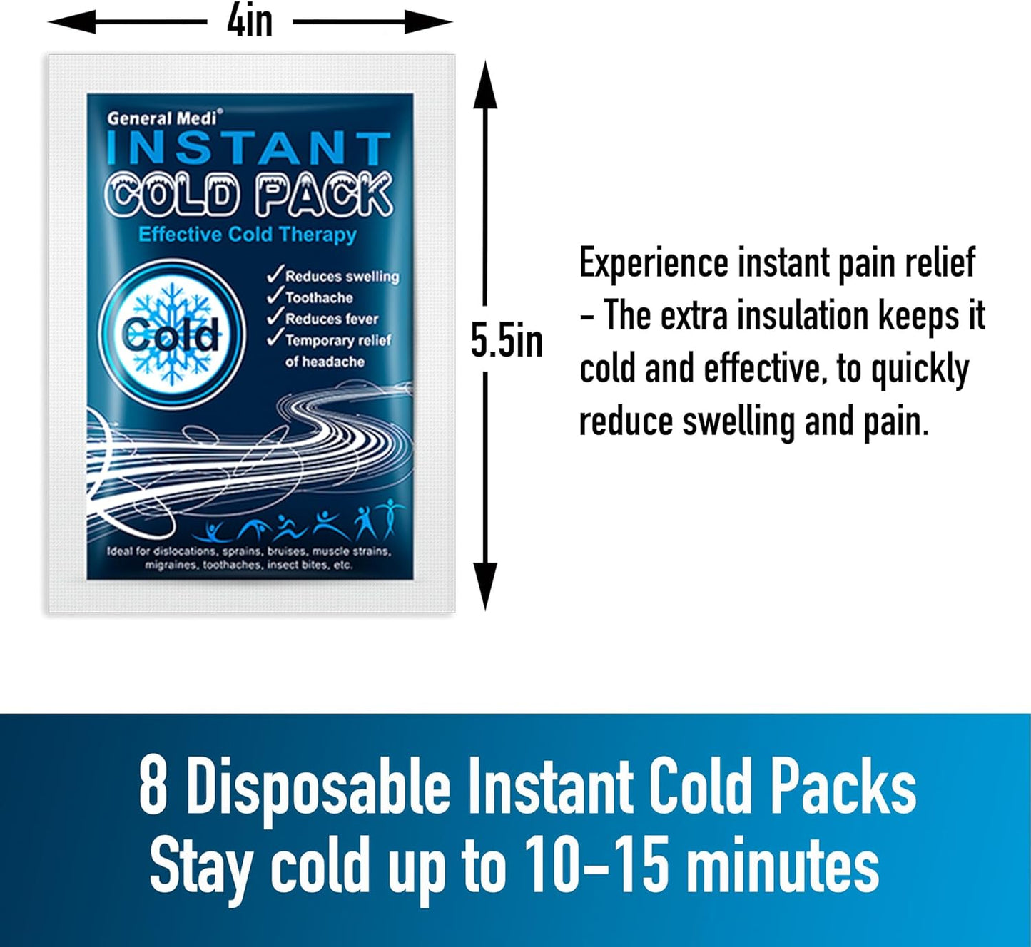 General Medi Instant Ice Cold Pack (4”x 5.5”) – 8 Packs Disposable Cold Therapy Ice Packs for Pain Relief, Swelling, Inflammation, Sprains, Toothache – for Athletes & Outdoor Activities