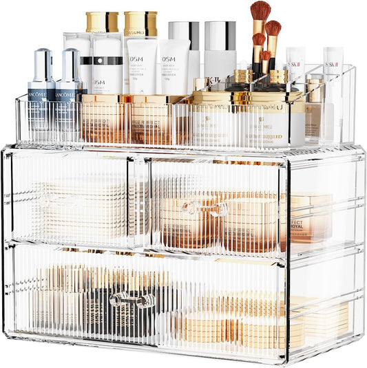 ZHIAI Stackable Cosmetic Organizer, Acrylic Cosmetic Organizer for Dresser, Vanity, Kitchen Cabinet, Bathroom, Under Sink, Home Organization and Storage (1 Top 3 Drawers)