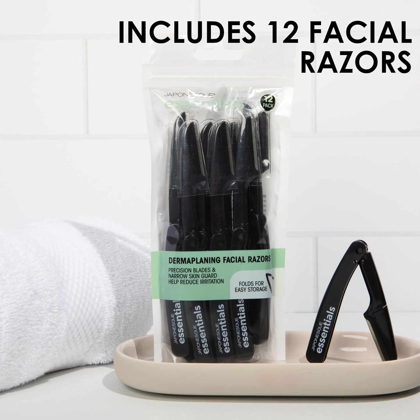 JAPONESQUE Essentials Dermaplaner Facial Hair Razors 12 Pack – Precision Blades for Peach Fuzz Removal, and Eyebrow Shaping for Men & Women