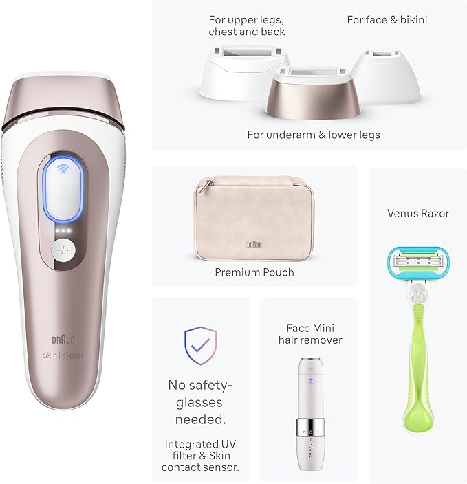 Braun IPL Skin i·Expert, at Home Laser Hair Removal, Permanent Visible Hair Reduction, with Free App, Smart IPL, Vanity Case, Venus Razor, 2 Smart Heads, Facial Trimmer, PL7219