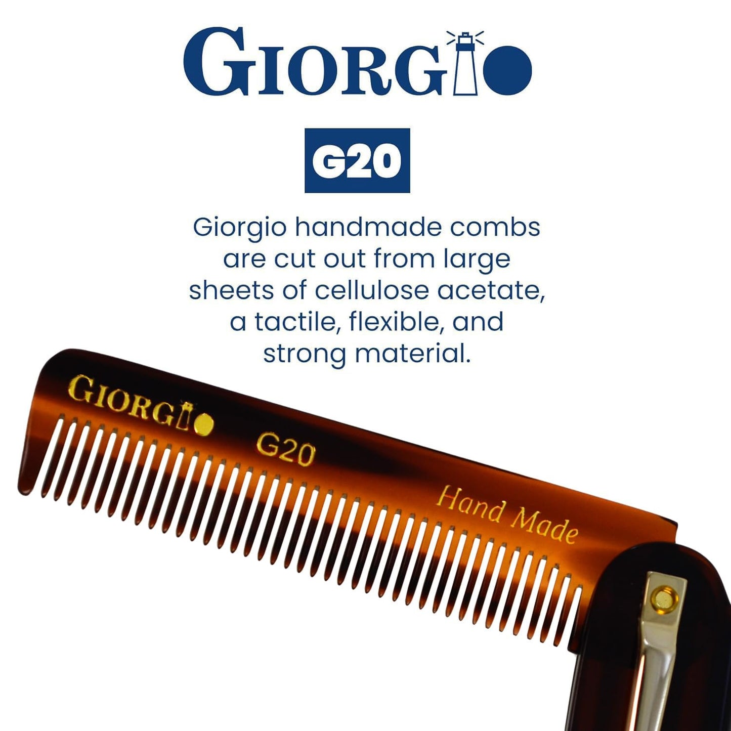 Giorgio G20 Folding Mustache and Beard Comb 6.5 Inch - Fine Tooth Travel Comb for Everyday Styling and Hair Care - Handcrafted Sawcut and Hand Polished (TortoiseShell)