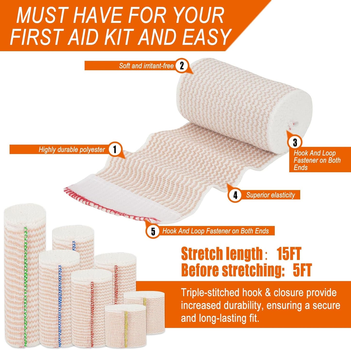 Premium Elastic Bandage Wrap 2 inch 10 Pack Reusable Versatile Self-Closing Compression Bandage Wraps for Ankles, Wrists Knee, Tummy and Body Cotton Lymphedema Wraps for Legs Latex-Free