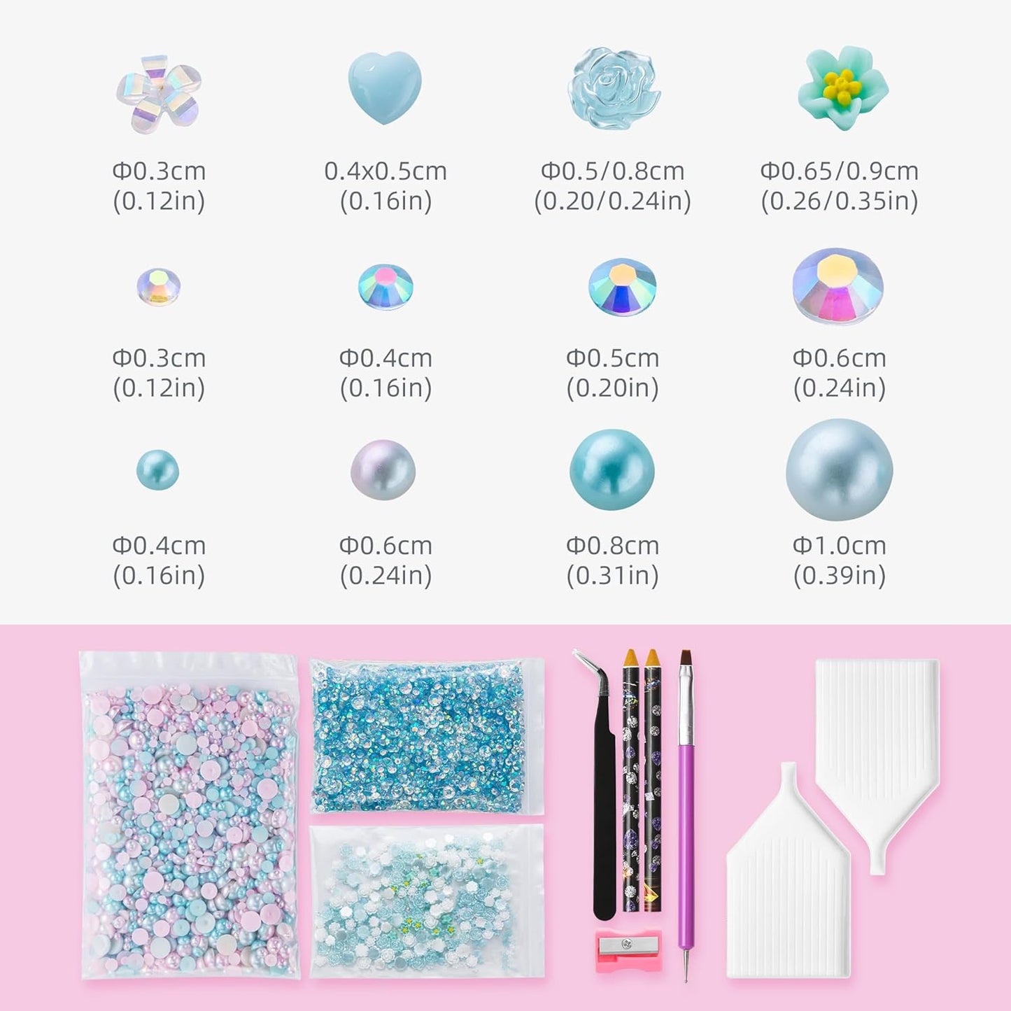 160g Cyan White Flat Back Pearls Rhinestones for Crafts Mixed Size 3mm-10mm AB Color Round Half Pearls Flatback Pearl Beads and Resin Rhinestones Set for Face Art