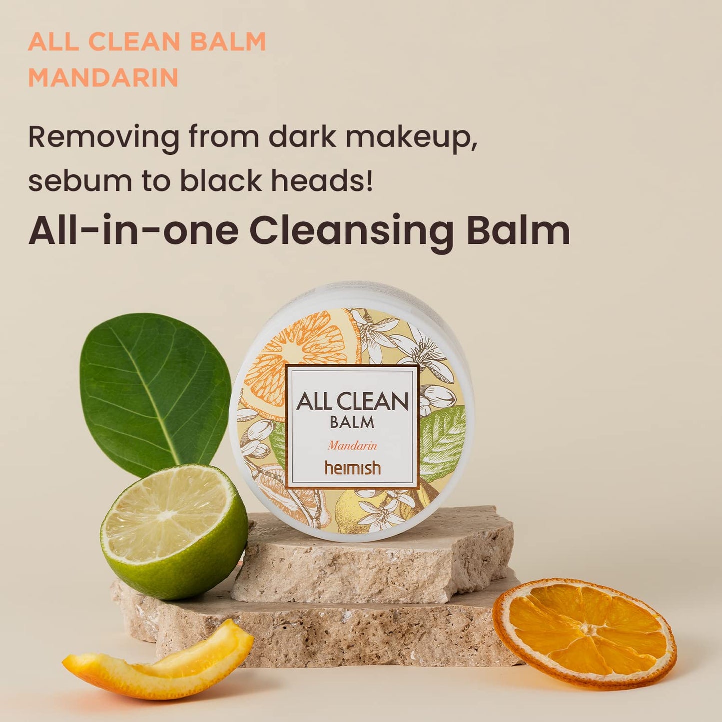 HEIMISH All Clean Balm Mandarin 4.0fl.oz/120ml - Cleansing Balm, Waterproof Makeup Remover, Face Cleanser, Oil Based Cleanser, Korean Skincare with Natural Aroma Oil, Vegan, For All Skin Types