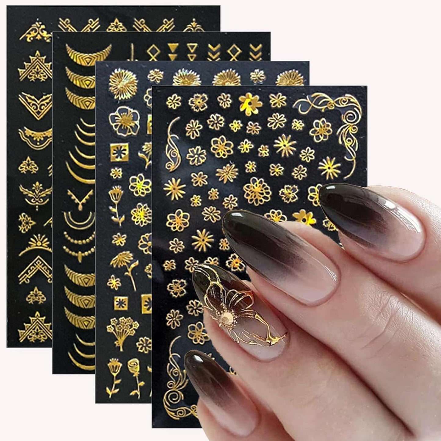 Gold Stickers for Nails - 10 Sheets 3D Self-Adhesive Flower, Leaf, and Geometry Designs - Manicure Art Supplies and Decorations for Women, Style5