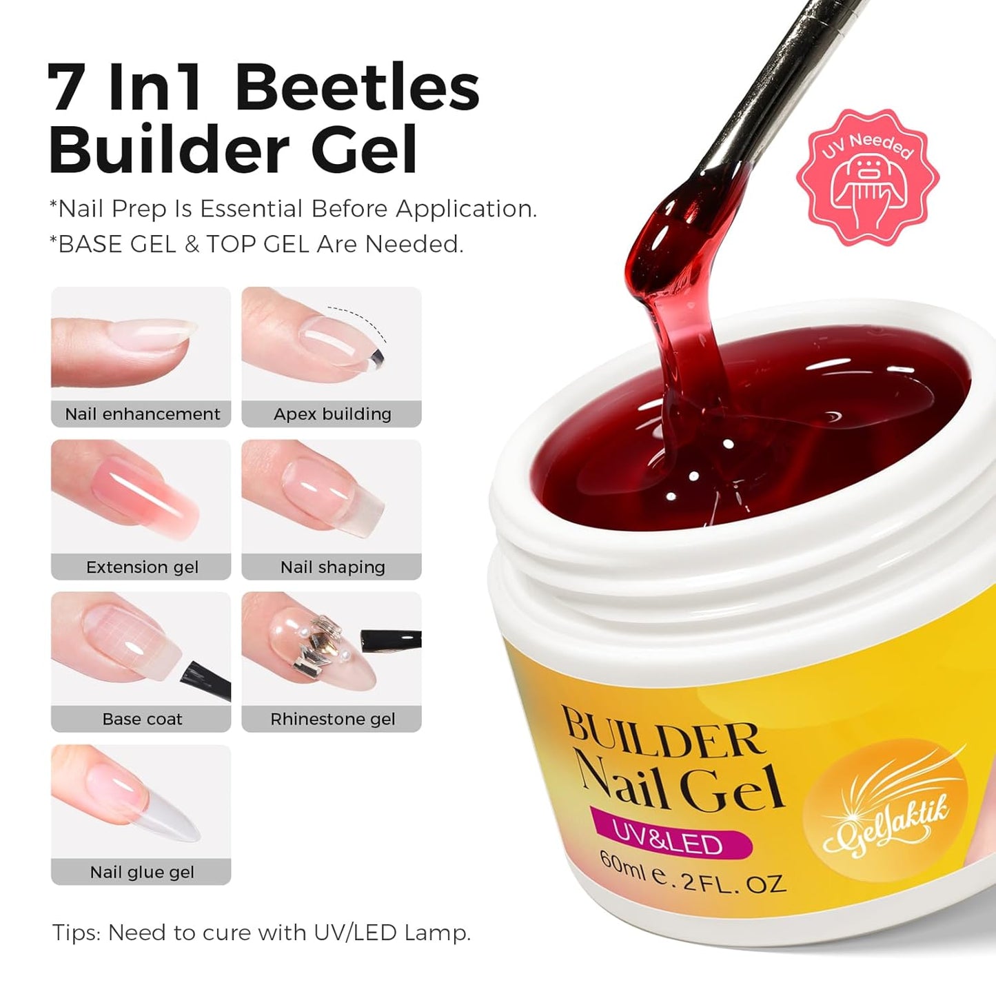 Builder Gel for Nails, 60g Creamy Amber Hard Gel for Nail Extension with 10 Nail Forms, Strengthener & Thickening, UV LED Lamp Cured Sculpture, Repair Broken Nails, Salon DIY Manicure Kit