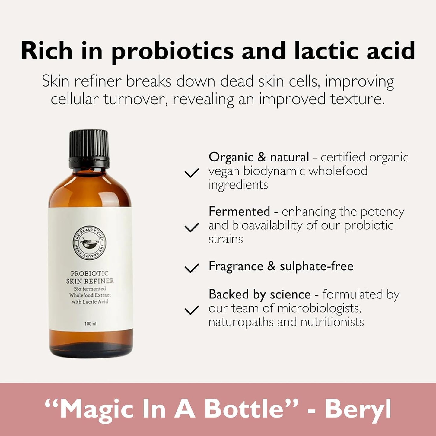 The Beauty Chef Probiotic Skin Refiner, Bio-Fermented Exfoliating Toner for Smooth & Radiant Skin, Hydrating & Nourishing Formula with Probiotics & Lactic Acid, 3.38 fl. oz / 100mL