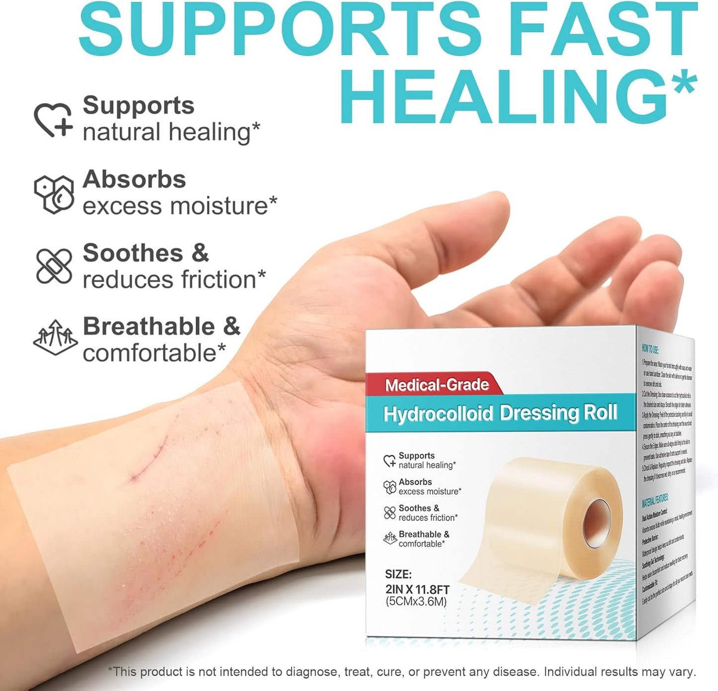 Hydrocolloid Roll for Wound Care, Extra Large Hydrocolloid Patch Bandages with Self-Adhesive, Hydrocolloid Tape, Ultra Absorbent, Flexible & Waterproof DIY Size & Shape(2in*11.8ft)