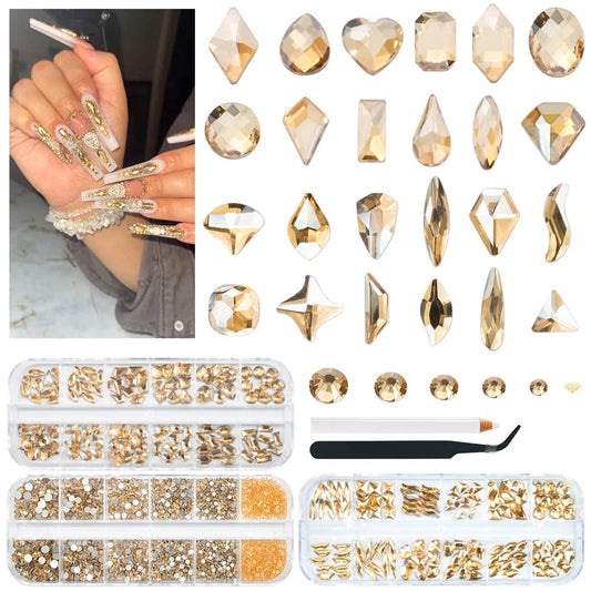3 Boxes Champagne Gold Nail Rhinestones 240 Multi-Shapes Golden Stones Big Gems Round Beads K9 Glass Diamonds Jewels Crystals Nail Art Charms for Nails Face Eyes Makeup Tumblers Bottles Clothes