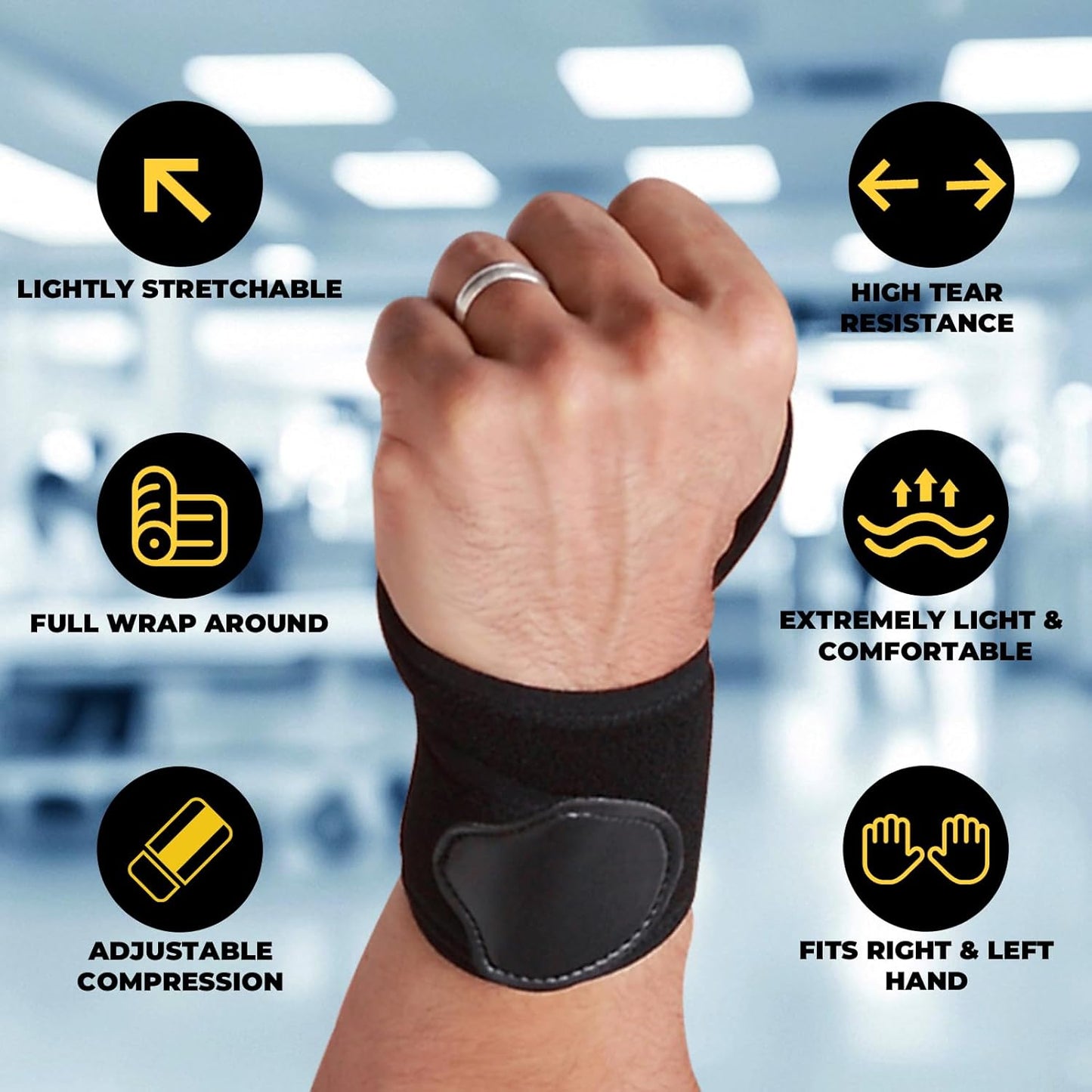 NeoTech Care Wrist Band - Elastic & Breathable Fabric - Adjustable Compression Strap - Men, Women, Right or Left - Support Wrap for Protection or Sports (Black Color, Size M, 1 Unit)