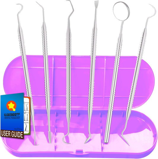 G.CATACC Dental Tools, Metal Dental Pick Teeth Cleaning Tools for Home Use, Stainless Steel Oral Care Hygiene Kit with Tooth Scraper Plaque Tartar Remover - with Case
