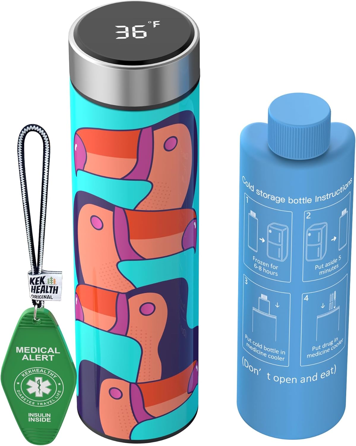 Compact 60H Insulin Cooler Travel Case Temp Display Medication Cooler for Travel TSA Approved Ice Packs Insulated Medicine Bag EpiPen Case Diabetic Cooler with QR Medical Alert Tag (Flame)