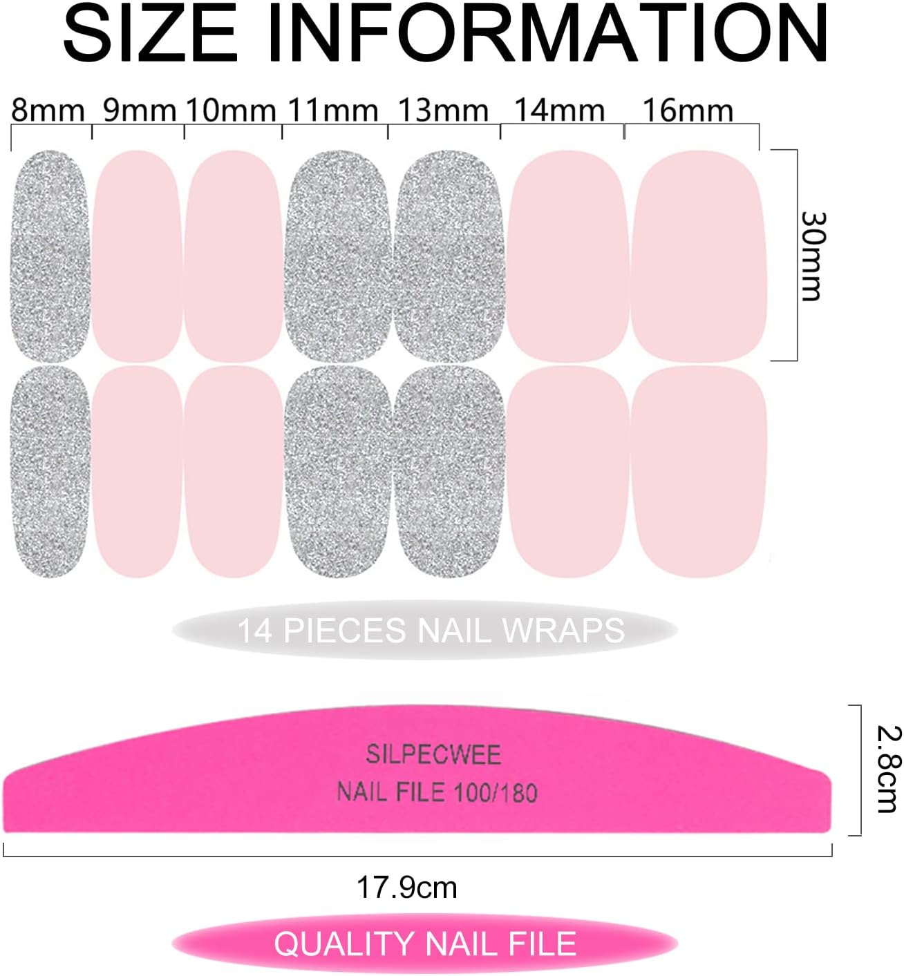 SILPECWEE Pink Nail Wraps for Women Nail Polish Strips Solid Color Glitter Self Adhesive Nail Polish Stickers Gel Nail Strips Fingernail Manicure Stickers with 1pc Nail File (16 Sheets)
