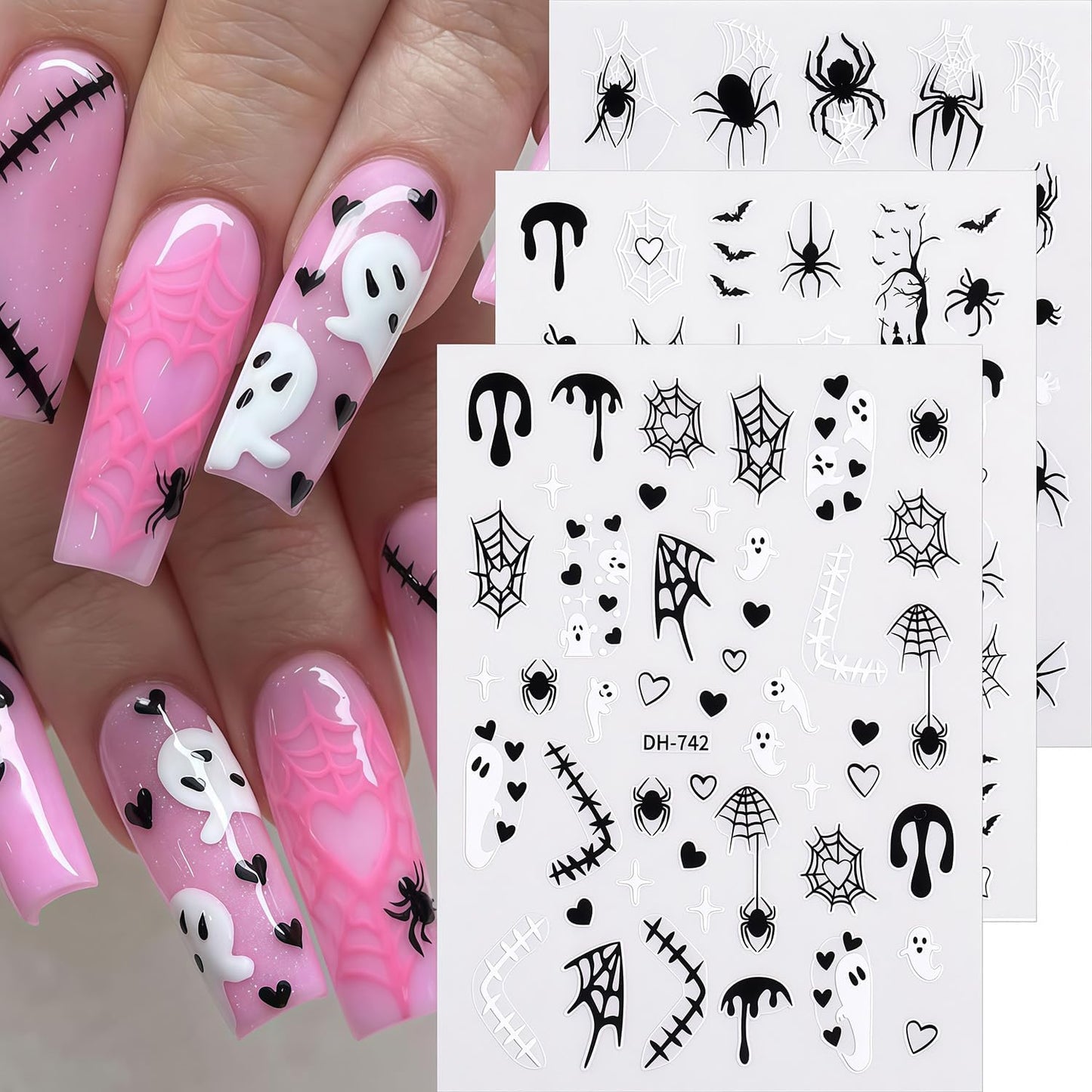6 Sheets Halloween Nail Art Stickers Nail Decals 3D Self-Adhesive Spider Web Spider Cute Ghost Bat Nail Stickers Design Fall Holiday Salon DIY Nails Decoration Accessories for Women