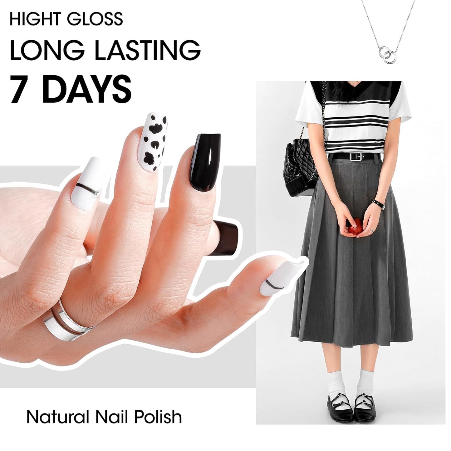Gellen 4 Colors Black White Gray Nail Polish Set & Base Top Coat, Fall Winter Trendy Winter Black White Grey Regular Nail Polish Quick Air Dry Set for Women DIY Nails Home Salon, Hema Free, Toxin Free