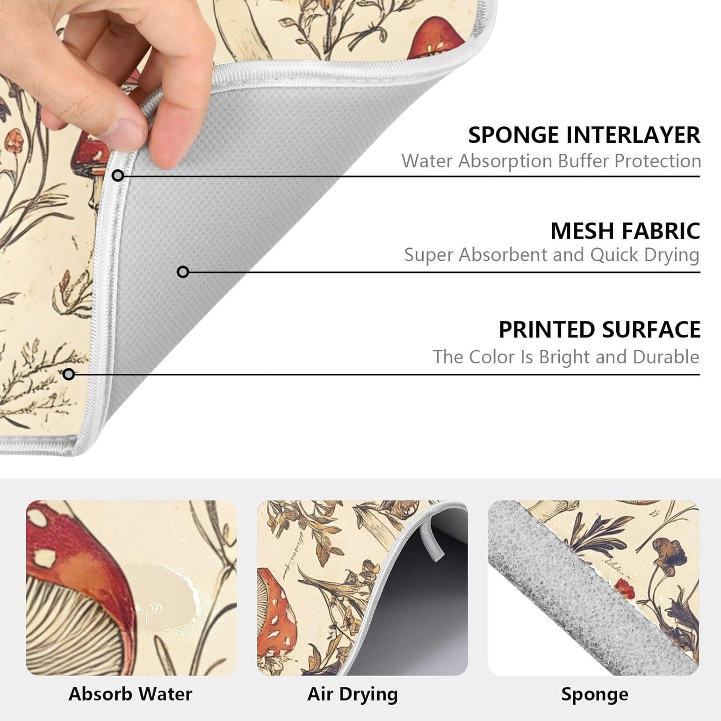 Mushroom Autumn Grass Dish Drying Mats for Kitchen Counter Absorbent Microfiber Dish Drying Matt 16 x 18 Inch Draining Reusable Rack Pad