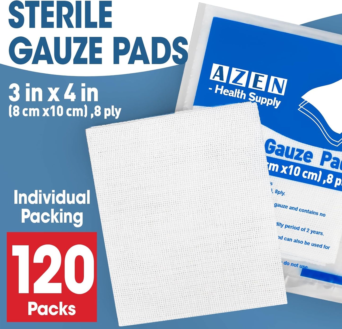 AZEN 120 Pack Sterile Gauze Pads, 3" x 4" Non Stick Gauze Pads, 8-Ply Cotton Gauze Sponges for Wound Care and First Aid, Highly Absorbent Individually Wrapped Medical Gauzes