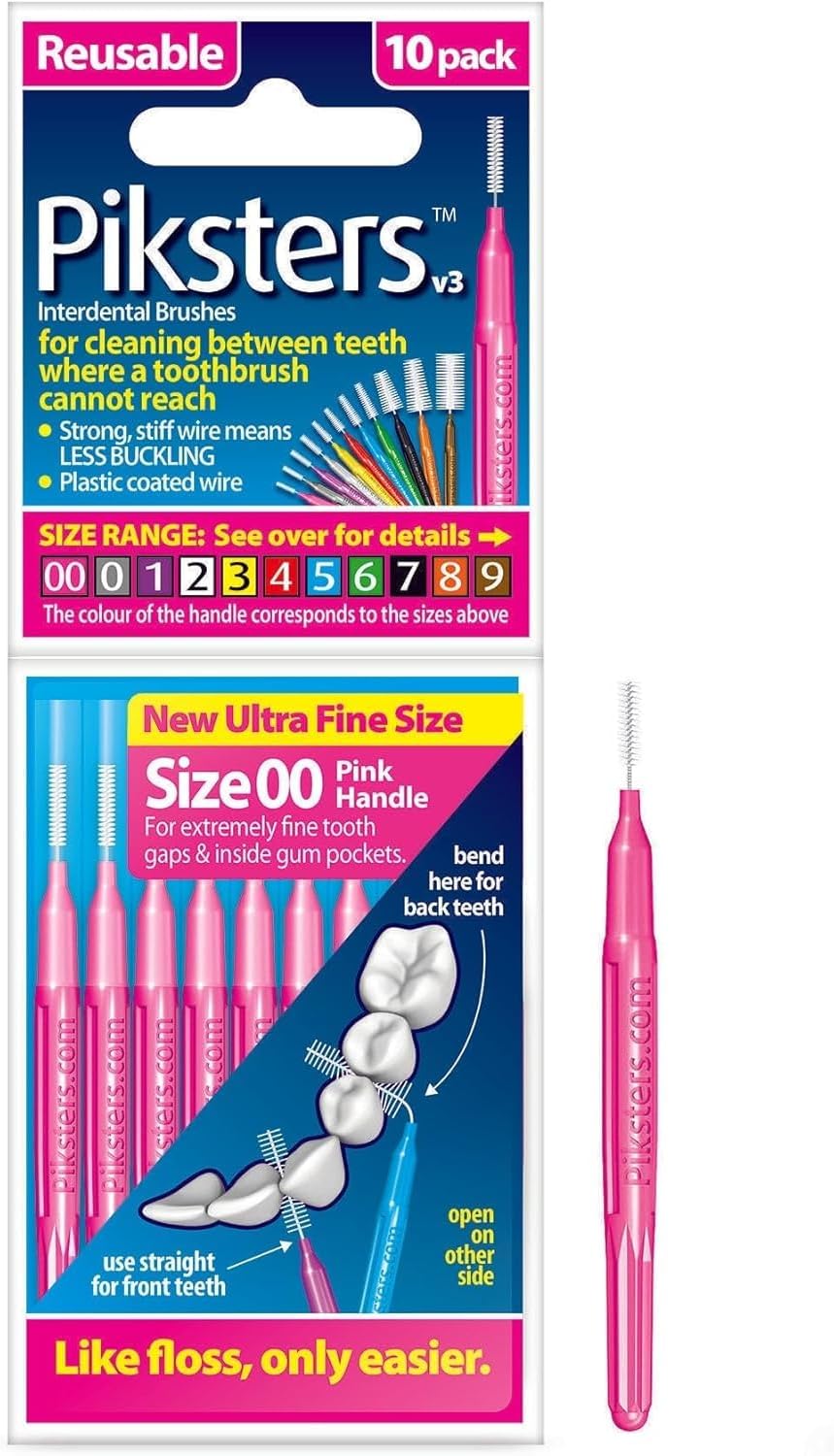 Piksters Interdental Brushes, 10 pk, Size 00, Interdental Brush for Extremely Fine Gaps, Gum Soft Bristles for Plaque Removal, Safe for Braces