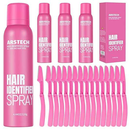 Hair Identifier Spray for Face Shaving Dermaplaning Tool 4 Pack Skin Body Dermaplaning Spray for Women with 16 Face Razor for Face Shaver Hair Removal Kit Excess Hair Dermaplane Razor for Women Face