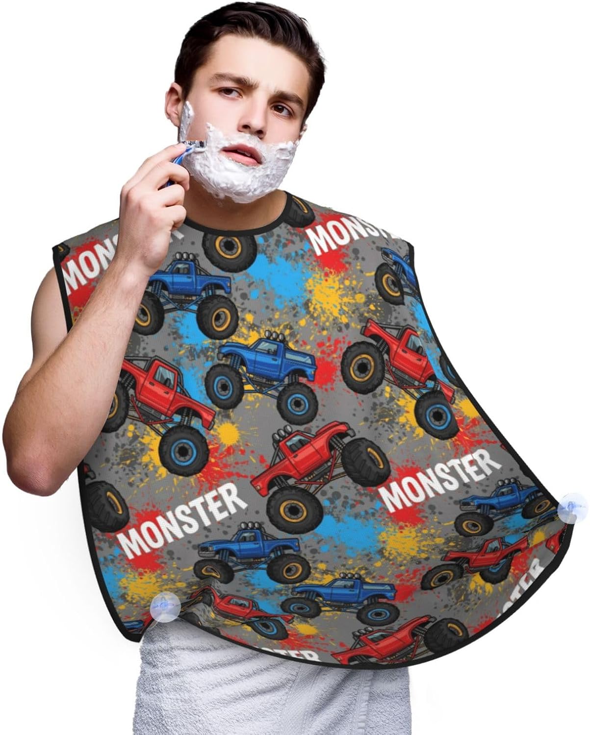 Beard Shaving Cape with Suction Cups, Grunge Monster Truck Car Art Shave Bib, Non-Stick Waterproof Hair Catcher, Grooming Bib for Men Husband