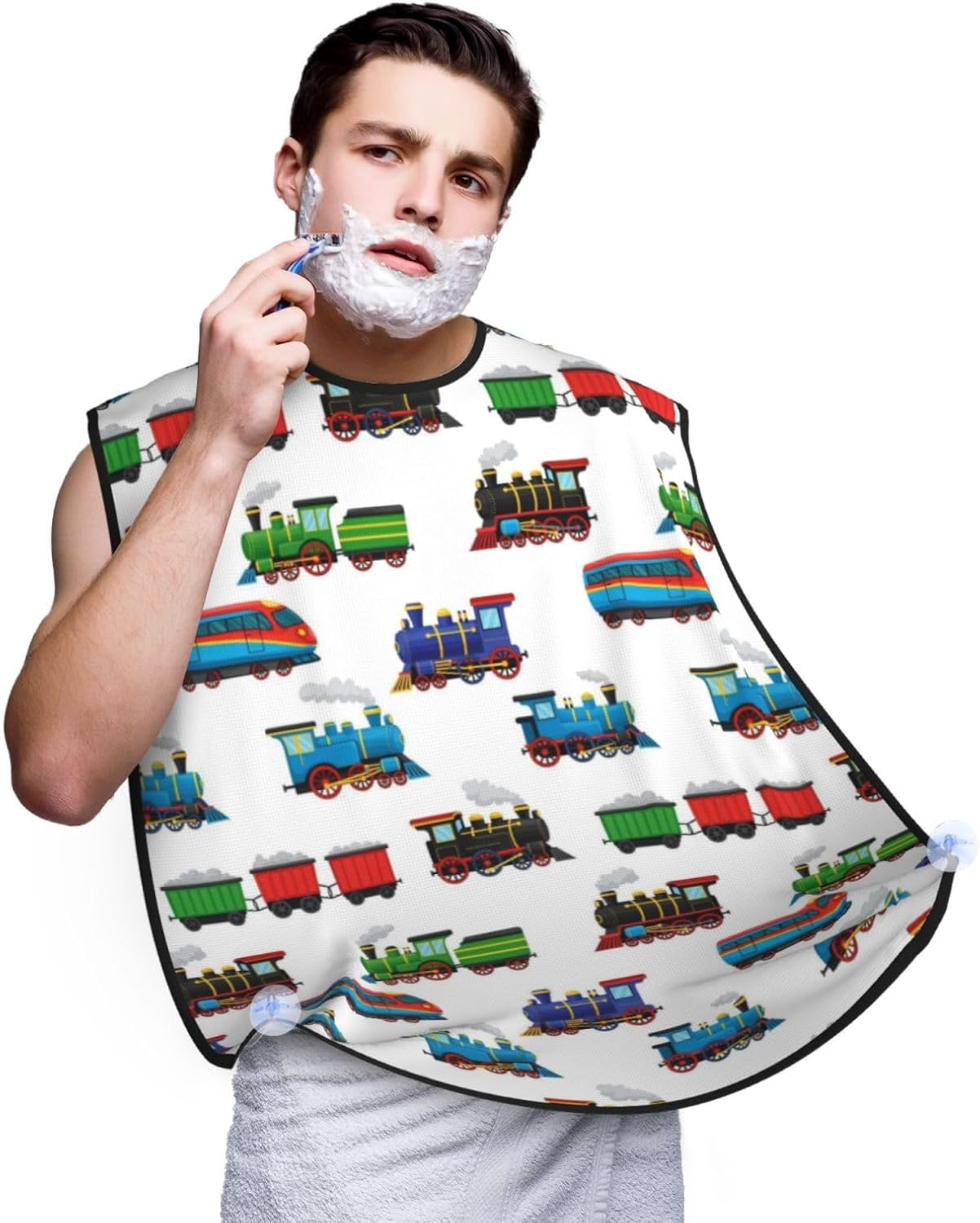 Stretchable Beard Cape, Non-Stick Hair Catcher for Trimming, Waterproof Grooming Apron, Train Pattern Cartoon
