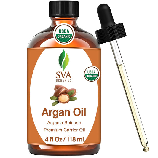 SVA Argan Oil Organic - 4 Fl Oz – 100% Natural Cold Pressed Organic Argan Oil - for Face, Skin Care, Hair Care, Scalp Massage & Body Massage – Carrier Oil with Dropper
