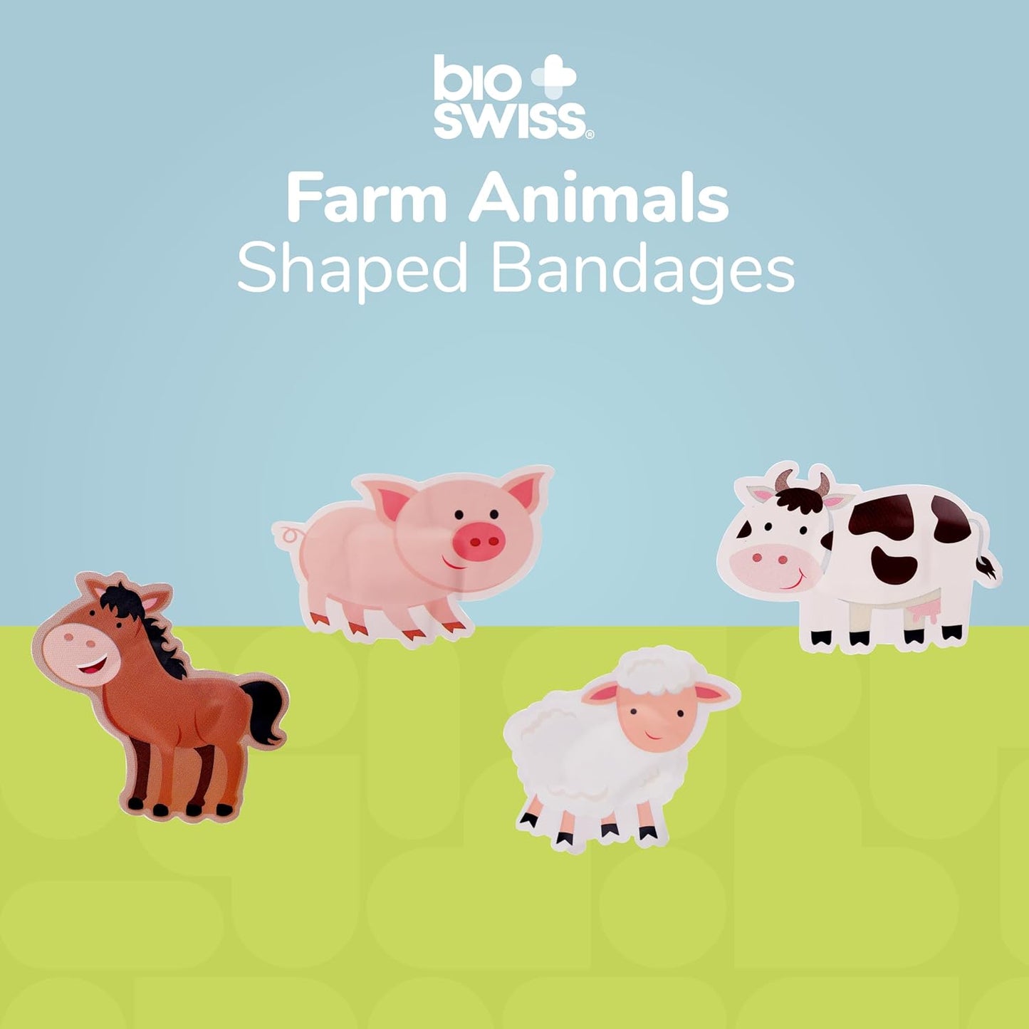BioSwiss Kids Bandages, Farm Animal Shaped Self Adhesive Bandage Set, Latex Free, Sterile Wound Care, 50 Count