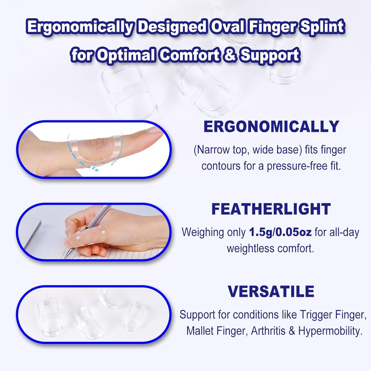 8Pcs Clear Oval Finger Splints & Click-Lock Adjustment Kit, 4 Graduated Finger Ring Splint & 4 Splint Adjustment, Finger Braces for Arthritis, Mallet, Straightening, Support (Size 11-14)
