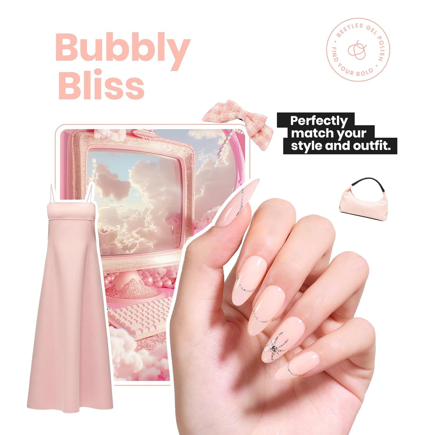 Beetles Nail Polish Bubble Bliss, 2 in 1 Nail Strengthener Polish Growth Nail Ridge Filler Base Coat Nail Repair for Damaged Thin Nails Natural Nails Bubbly Bliss Nude Pink 15ML