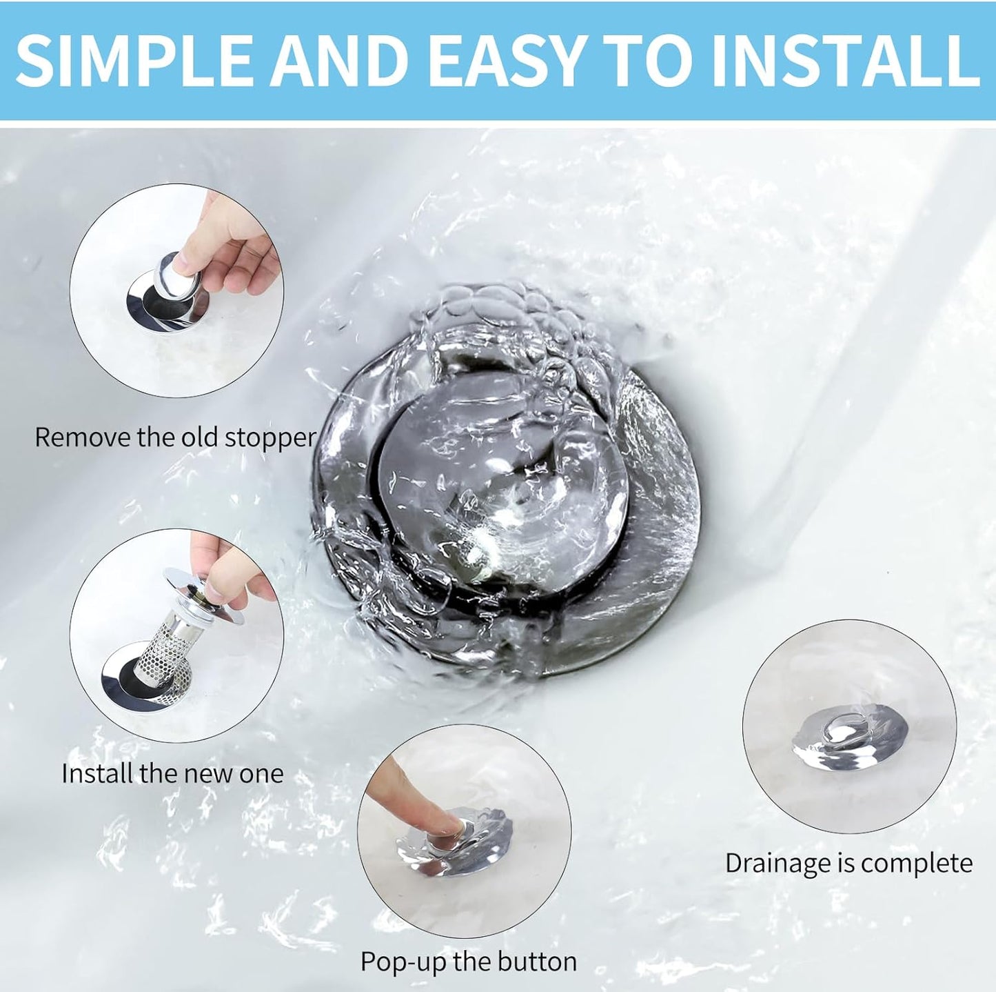 2 Pcs Universal 2-in-1 Sink Stop&Drain Strainer-Upgraded Pop-Up Design Sink Drain Plug Strainer with Stainless Steel Anti-Pooling Basket and Cleaning Brush for U.S. 1.1-1.6 Inch Drain Holes