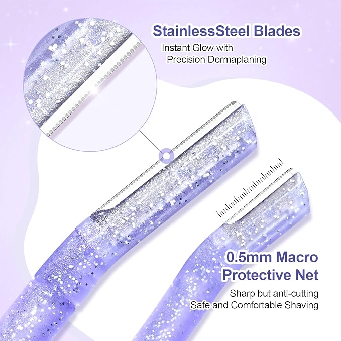 Women’s Dermaplane Razor for Face & Eyebrow - Anti-Cutting Japanese Blades for Eyebrow and Facial Hair Removal, Achieve Silky Skin and Perfect Brows (Purple, 12 Count)
