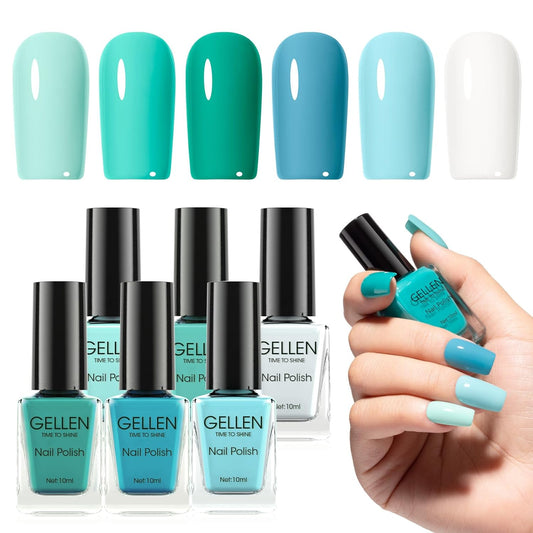 GELLEN Teal Regular Nail Polish Non Gel, Fast Air Drying Mint Turquoise Nail Polish No UV Light Needed Spring Summer 6 Colors Blue Green Set for Women Girls Manicure Home Salon, Hema Free, 0.33 Fl.Oz