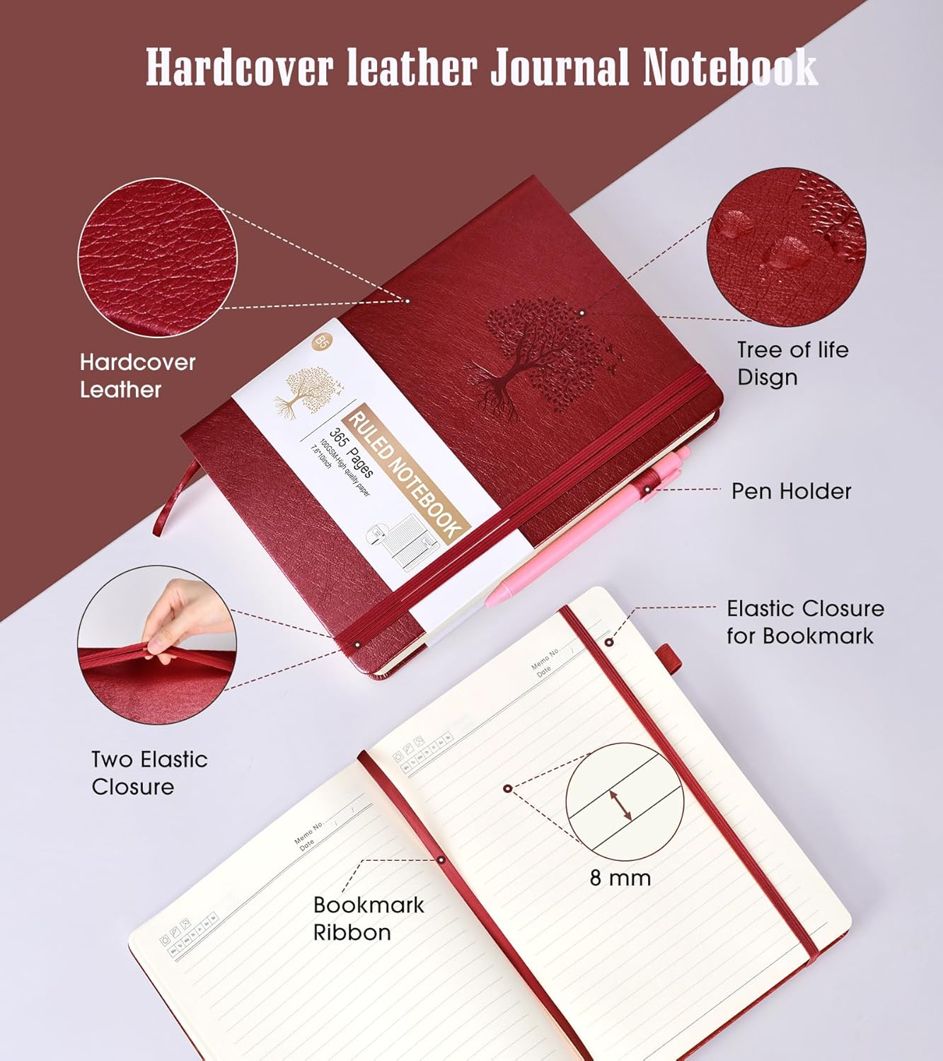 Lined Journal Notebook, 365 Pages B5 Large Journals for Writing College Ruled Notebook, Hardcover Leather Journal for Women Men, Daily Notebook for Work, Note Taking, 100Gsm Paper ( 7.6'' X 10'' Wine)