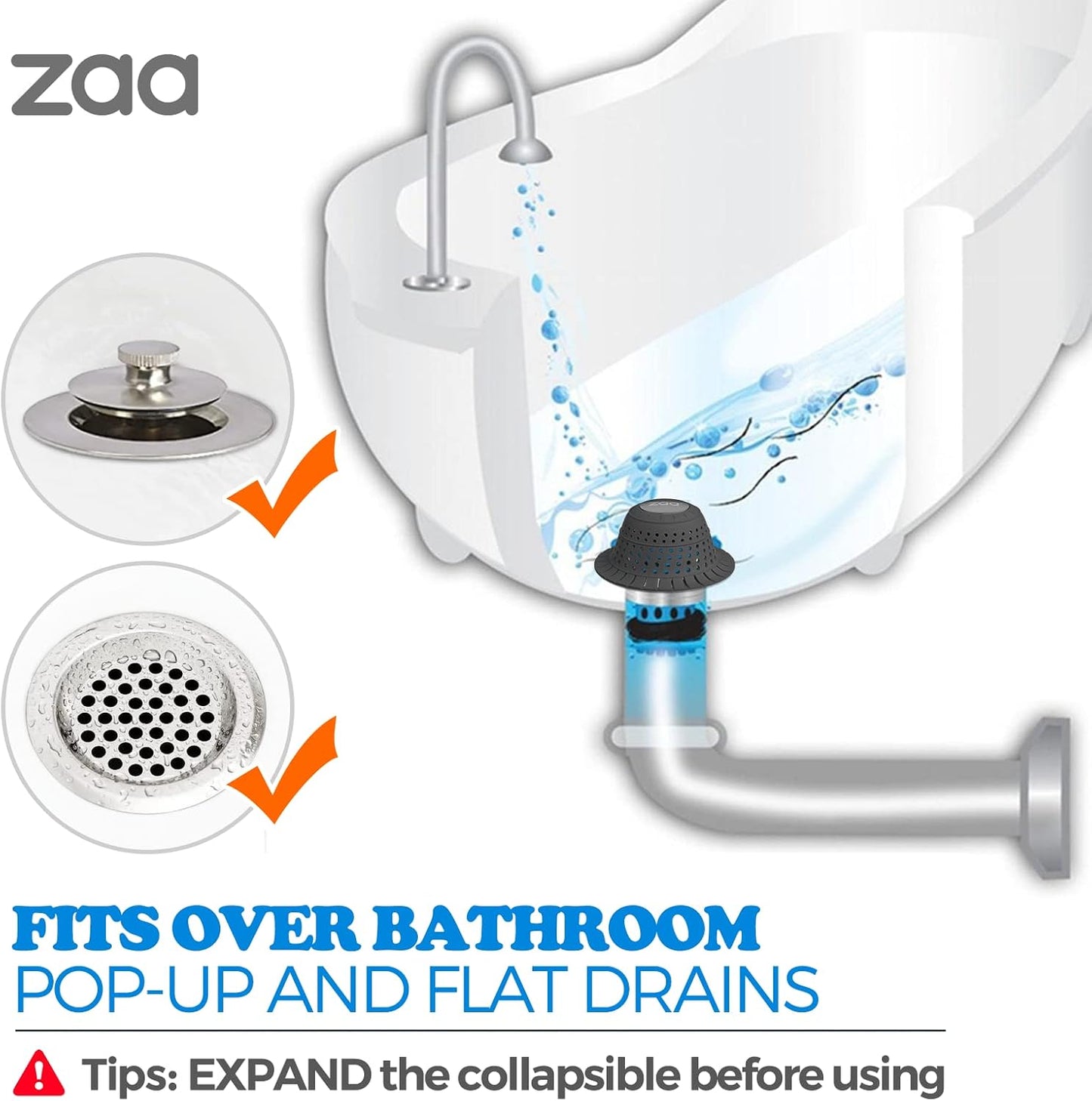 zaa Bathtub Drain Hair Catcher, 2 Pack Silicone Collapsible Bathtub Drain Cover Hair Catcher & Protector for Pop-Up & Regular Drains of Shower, Bathtub, Tub, Bathroom, Sink, Black Black