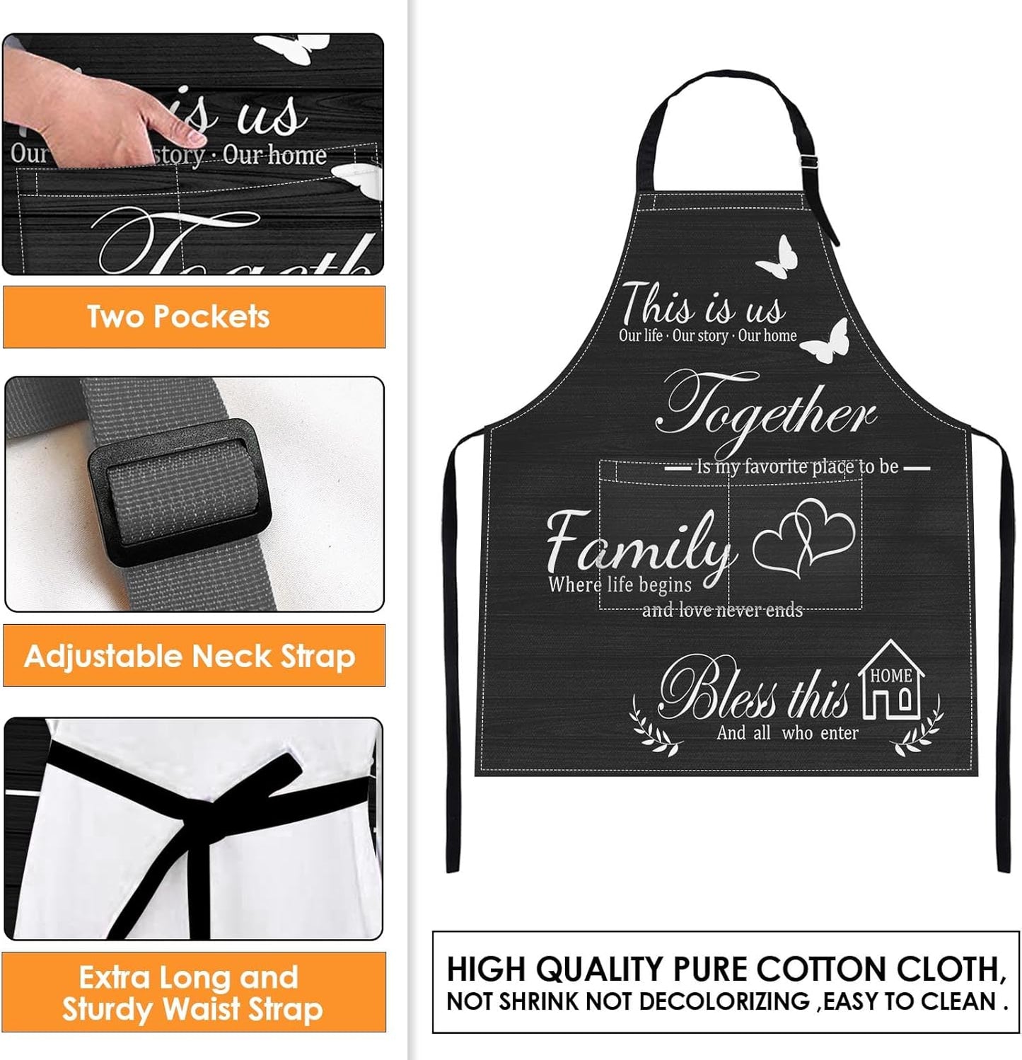 2 Pack Aprons, Sunflower Butterfly Adjustable Bib Aprons with 2 Pockets for Women Men Couple Lovers Chef Home Kitchen Cooking Baking Gardening Black Yellow Apron 32x28 Inches