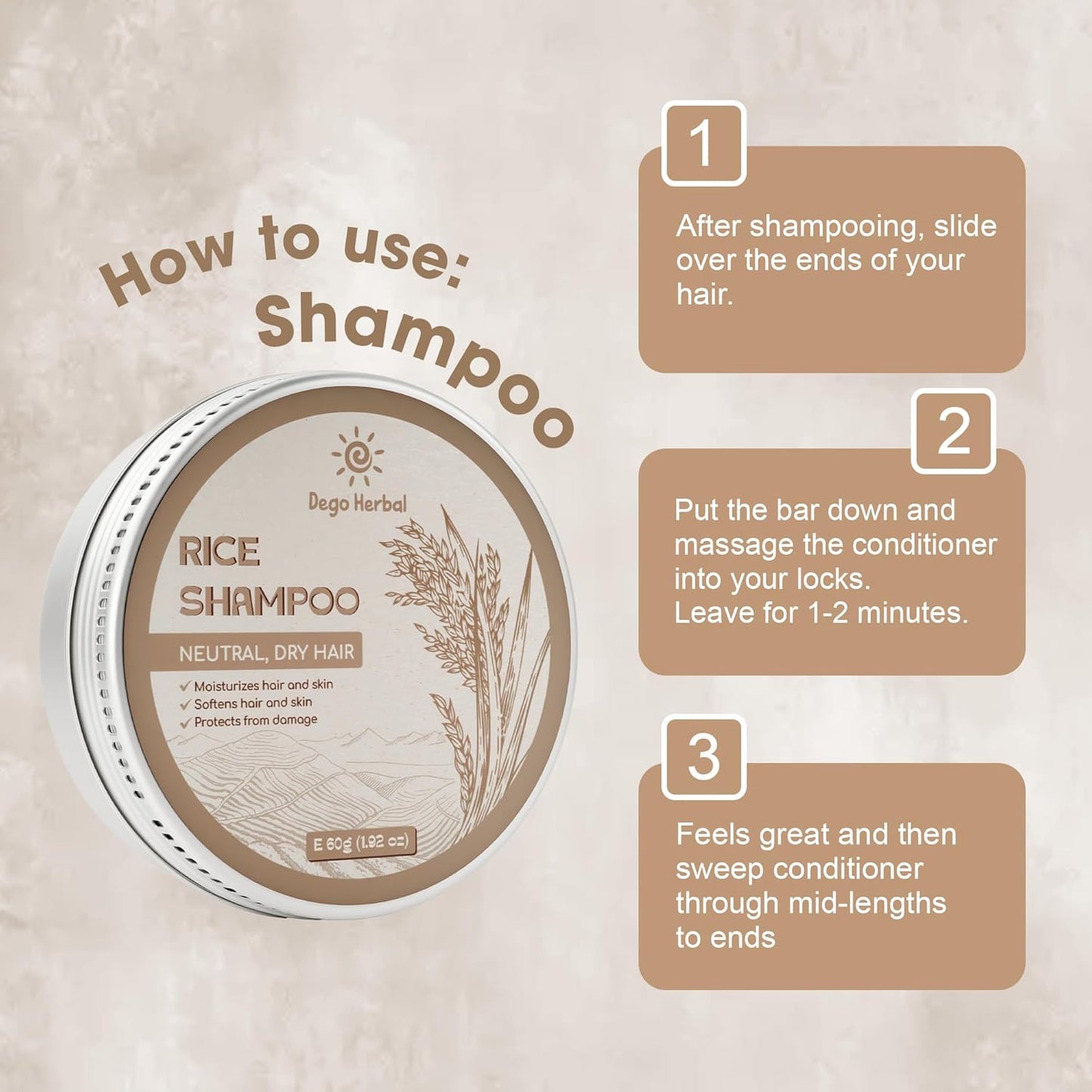 Rice Shampoo Bar Body Wash Bar for Neutral and Dry Hair 1.92 Oz Softens Hair and Skins, Protect for Damages