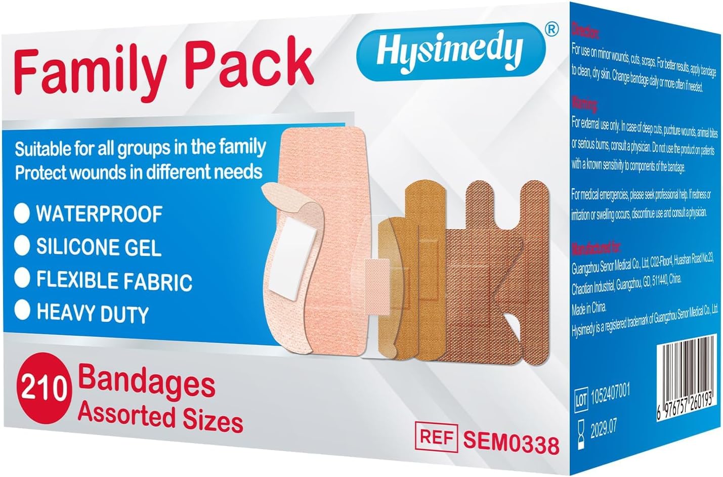 Adhesive Assorted Bandages Variety Pack 210 Counts Flexible Fabric Heavy Duty Waterproof Silicone Hypoallergenic Latex Free for Sensitive Skin Wounds Care Medical First Aid Kit Supplies