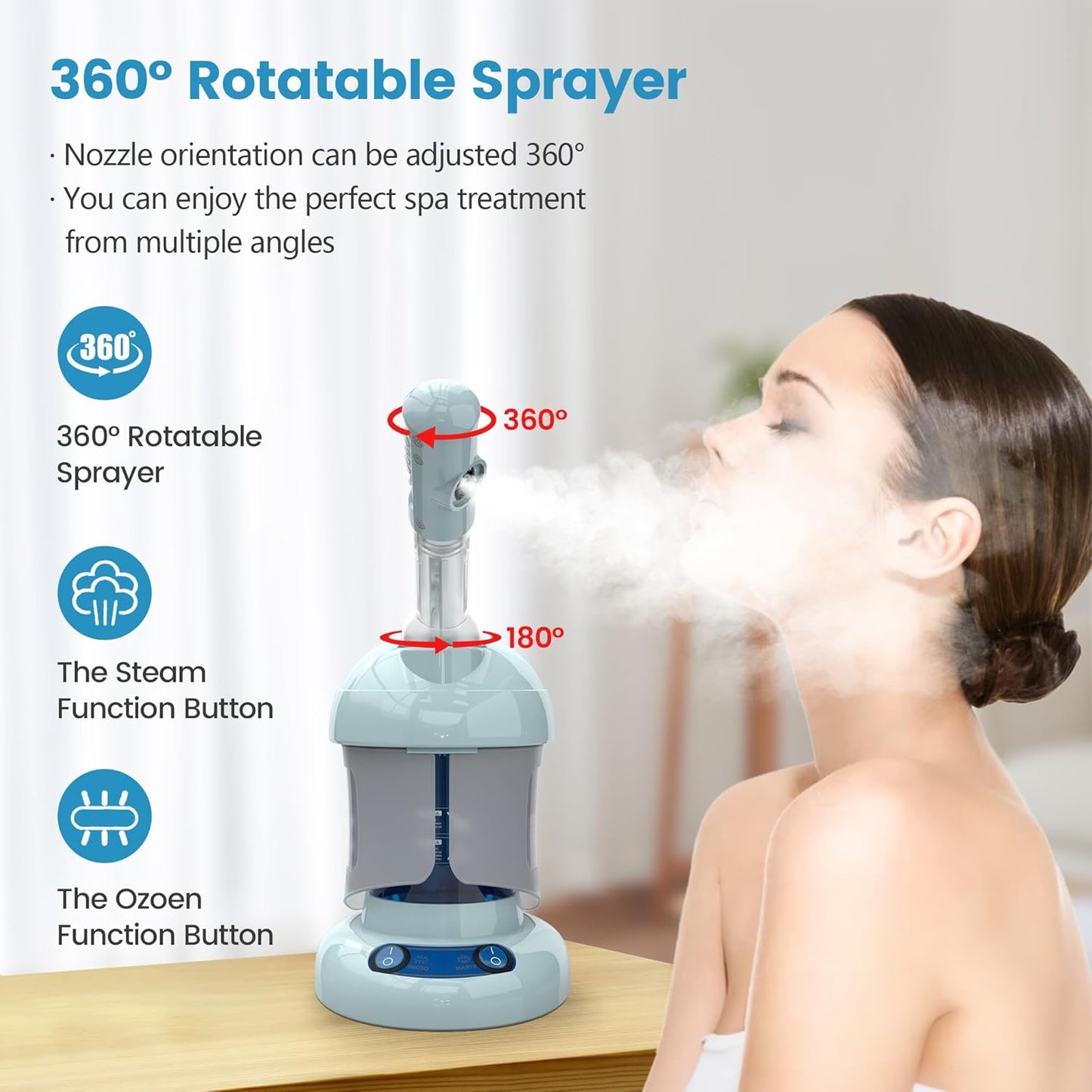 Nisperos Nano Ionic Facial Steamer - 360° Rotatable Sprayer - 40 Minutes Warm Mist - Humidifier - Professional Face Steamer for Facial Deep Cleaning (Light Blue)