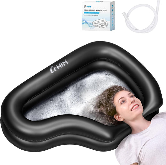 Portable Inflatable Shampoo Basin for Bedridden and Kids - Hair Washing Tray for Sink at Home with Fast-Drain Slope, Neck Support and Drain Hose - Hospital PVC Hair Washing Station (Black, Large)