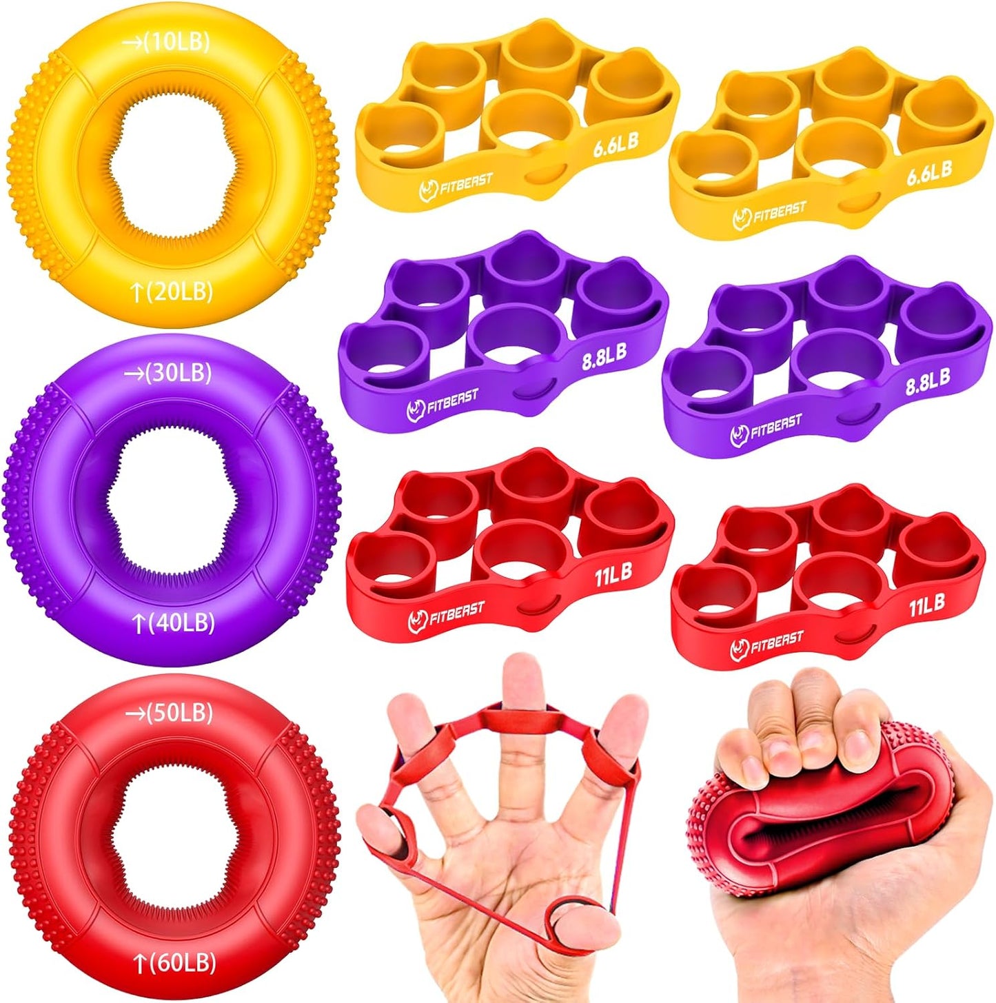 FitBeast Grip Strength Trainer, Finger Exerciser, Forearm Strengthener 9-Piece Kit, Hand Grip Strengthener Targeted Strength, Relief & Recovery