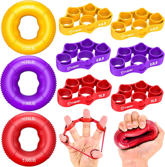FitBeast Grip Strength Trainer, Finger Exerciser, Forearm Strengthener 9-Piece Kit, Hand Grip Strengthener Targeted Strength, Relief & Recovery