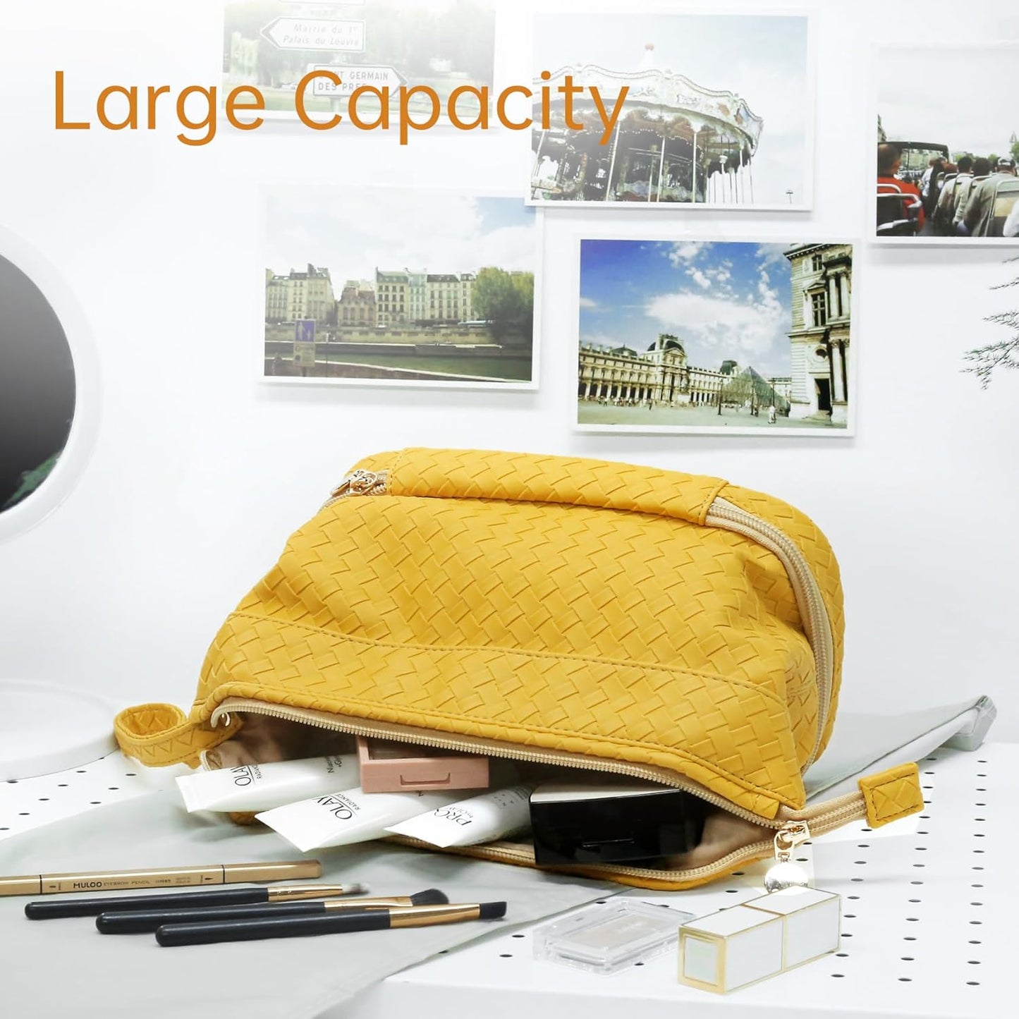 Abiudeng Large Capacity Makeup Bag Ladies Cosmetic Bag Travel Bag with Compartments Portable PU Leather Travel Makeup Bag with Handle