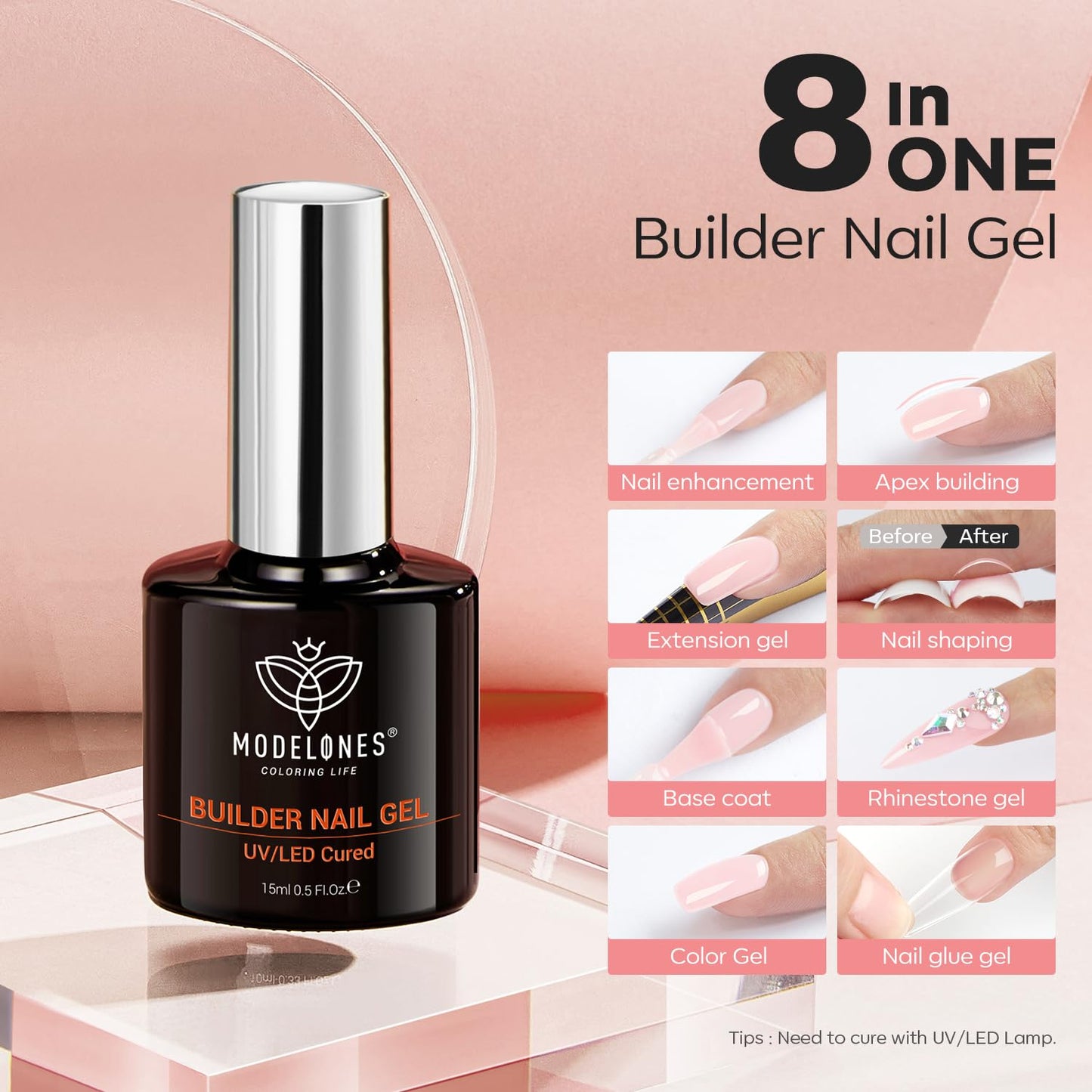modelones Builder Nail Gel, 8-in-One Barely Pink Builder, Sheer Pink Rubber Base Gel Polish, LED Lamp Cured Color Base Hardener Strengthener Apex Building Extension for Girls DIY Salon Home