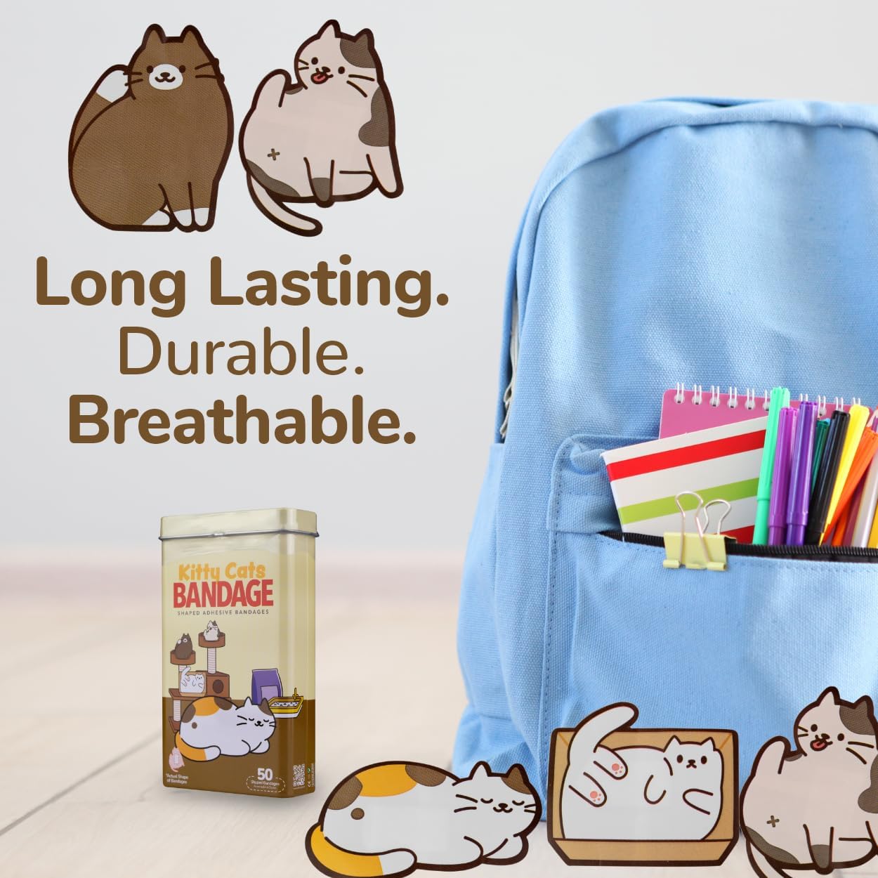 BioSwiss Kids Bandages, Kitty Cats Shaped Self Adhesive Bandage Set, Latex Free, Sterile Wound Care, 50 Count